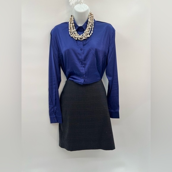 Blue Satin Shirt for Women – Lapel Collar V-Neck Buttoned Long Sleeve Tunic Top - Picture 4 of 4